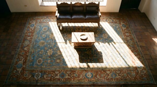 Soft light blue color antique oversized large scale all over design persian sultanabad rug (sku 23846) - styled overhead view