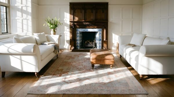 Soft light coral antique tribal medallion design cotton agra rug 9 Soft light coral antique tribal medallion design cotton agra rug (sku 21743) - room view