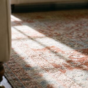 Soft Light Coral Antique Tribal Medallion Design Cotton Agra Rug (SKU 21743) - in-room detail