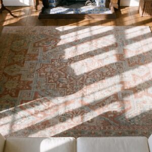 Soft Light Coral Antique Tribal Medallion Design Cotton Agra Rug (SKU 21743) - styled overhead view