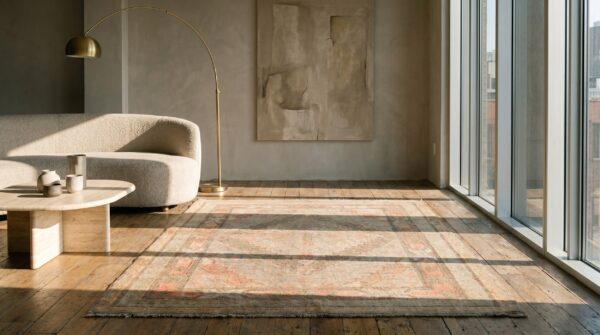 Antique soft light faded color geometric medallion hand knotted pile khotan rug 7 Antique soft light faded color geometric medallion hand knotted pile khotan rug (sku 20043) - room view