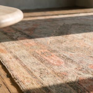 Antique Soft Light Faded Color Geometric Medallion Hand Knotted Pile Khotan Rug (SKU 20043) - in-room detail