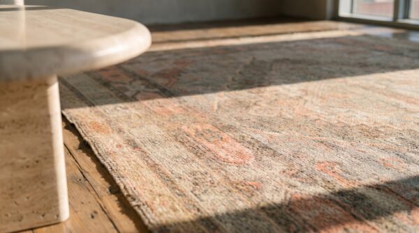 Antique soft light faded color geometric medallion hand knotted pile khotan rug 8 Antique soft light faded color geometric medallion hand knotted pile khotan rug (sku 20043) - in-room detail