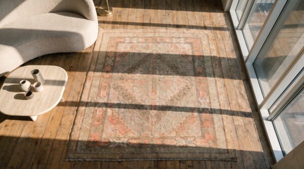 Antique soft light faded color geometric medallion hand knotted pile khotan rug 2 Antique soft light faded color geometric medallion hand knotted pile khotan rug (sku 20043) - styled overhead view