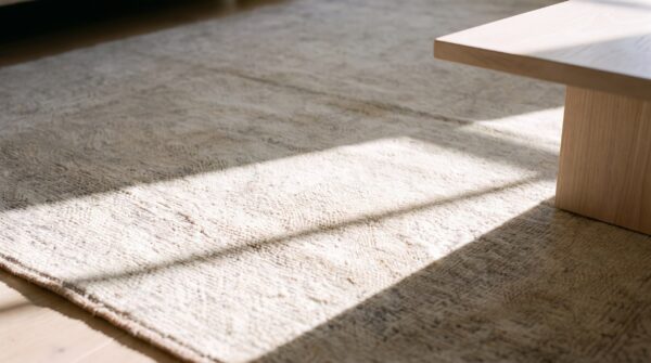 Soft light faded gray color antique cotton pile indian agra rug 7 Soft light faded gray color antique cotton pile indian agra rug (sku 21358) - in-room detail