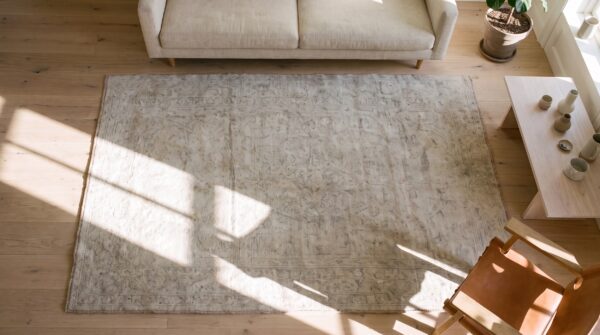 Soft light faded gray color antique cotton pile indian agra rug 2 Soft light faded gray color antique cotton pile indian agra rug (sku 21358) - styled overhead view