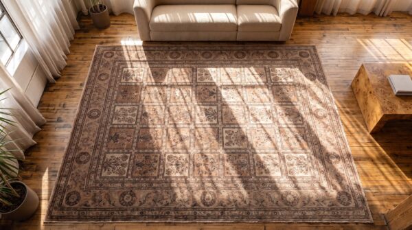 Soft neutral color fine antique late 19th century large garden design persian tabriz rug 2 Soft neutral color fine antique late 19th century large garden design persian tabriz rug (sku 20860) - styled overhead view