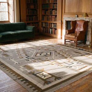 Soft Neutral Gray Color Antique Flatwoven Tribal Geometric Native American Room Size Navajo Rug (SKU 21381) - room view