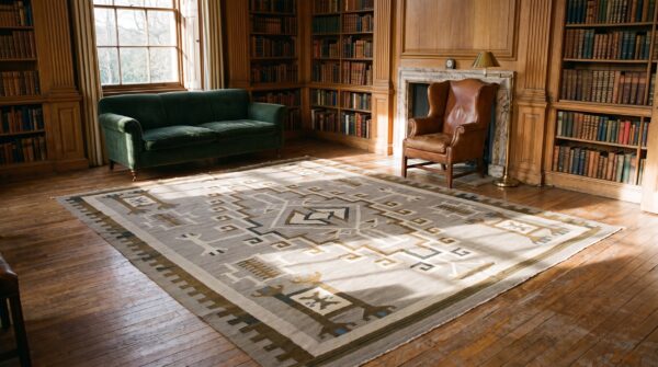 Soft neutral gray color antique flatwoven tribal geometric native american room size navajo rug 5 Soft neutral gray color antique flatwoven tribal geometric native american room size navajo rug (sku 21381) - room view