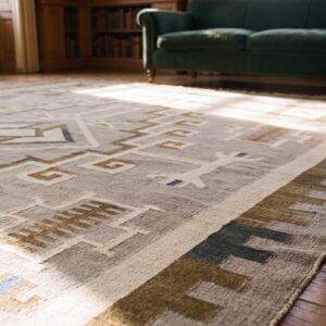 Soft Neutral Gray Color Antique Flatwoven Tribal Geometric Native American Room Size Navajo Rug (SKU 21381) - in-room detail