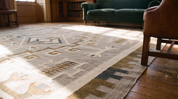 Soft neutral gray color antique flatwoven tribal geometric native american room size navajo rug 6 Soft neutral gray color antique flatwoven tribal geometric native american room size navajo rug (sku 21381) - in-room detail