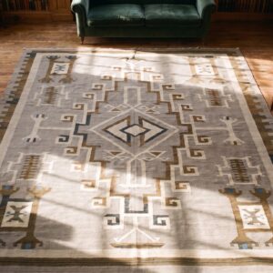 Soft Neutral Gray Color Antique Flatwoven Tribal Geometric Native American Room Size Navajo Rug (SKU 21381) - styled overhead view