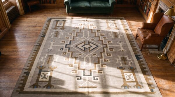 Soft neutral gray color antique flatwoven tribal geometric native american room size navajo rug 2 Soft neutral gray color antique flatwoven tribal geometric native american room size navajo rug (sku 21381) - styled overhead view