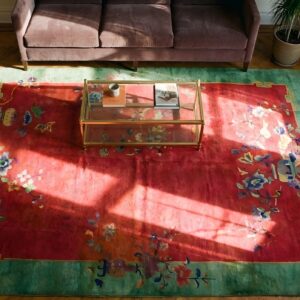 Soft Red Antique Floral Deco Chinese Wool Pile Area Rug (SKU 23868) - styled overhead view