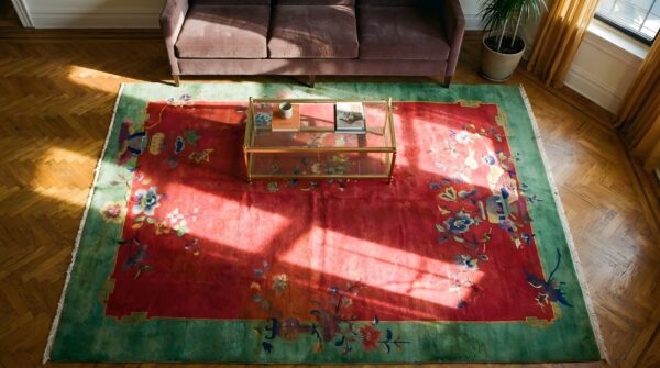 Soft red antique floral deco chinese wool pile area rug 2 Soft red antique floral deco chinese wool pile area rug (sku 23868) - styled overhead view