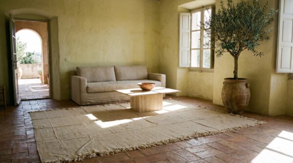 Antique solid abstract flat woven ivory cream color persian room size kilim rug 6 Antique solid abstract flat woven ivory cream color persian room size kilim rug (sku 19556) - room view
