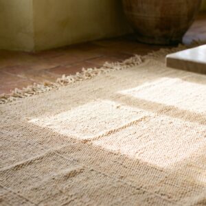 Antique Solid Abstract Flat Woven Ivory Cream Color Persian Room Size Kilim Rug (SKU 19556) - in-room detail
