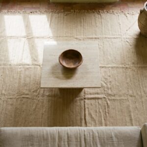 Antique Solid Abstract Flat Woven Ivory Cream Color Persian Room Size Kilim Rug (SKU 19556) - styled overhead view