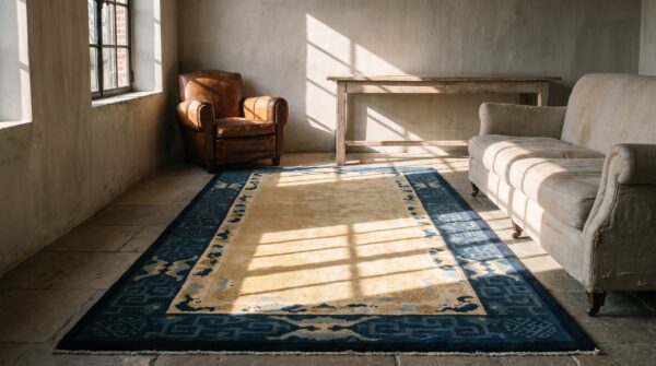 Solid ivory open field antique small geometric peking chinese rug 5 Solid ivory open field antique small geometric peking chinese rug (sku 20911) - room view