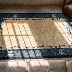 Solid Ivory Open Field Antique Small Geometric Peking Chinese Rug (SKU 20911) - styled overhead view