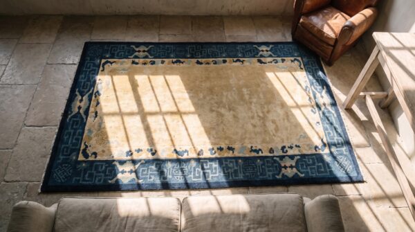 Solid ivory open field antique small geometric peking chinese rug 2 Solid ivory open field antique small geometric peking chinese rug (sku 20911) - styled overhead view