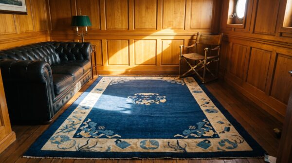 Solid open blue color field antique chinese floral medallion pattern peking rug 7 Solid open blue color field antique chinese floral medallion pattern peking rug (sku 22998) - room view