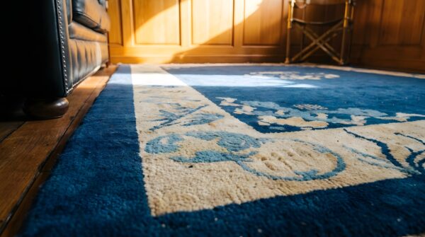Solid open blue color field antique chinese floral medallion pattern peking rug 8 Solid open blue color field antique chinese floral medallion pattern peking rug (sku 22998) - in-room detail