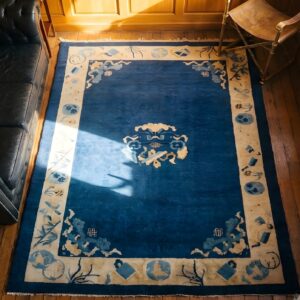 Solid Open Blue Color Field Antique Chinese Floral Medallion Pattern Peking Rug (SKU 22998) - styled overhead view