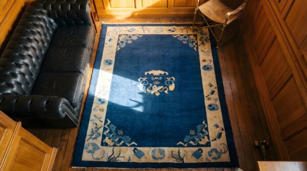 Solid open blue color field antique chinese floral medallion pattern peking rug 2 Solid open blue color field antique chinese floral medallion pattern peking rug (sku 22998) - styled overhead view