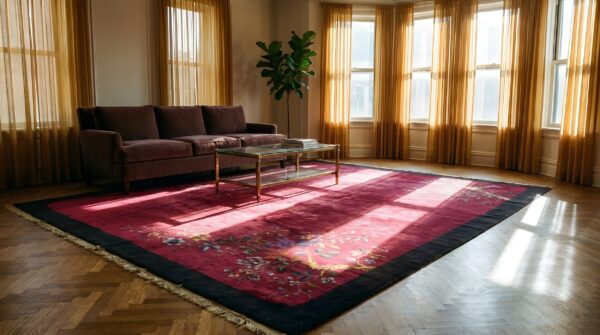 Solid open deep red color field antique chinese art deco rug 6 Solid open deep red color field antique chinese art deco rug (sku 25200) - room view