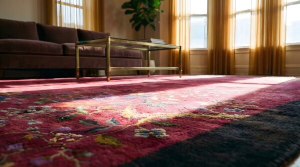 Solid open deep red color field antique chinese art deco rug 7 Solid open deep red color field antique chinese art deco rug (sku 25200) - in-room detail