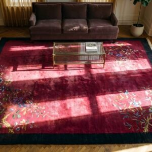 Solid Open Deep Red Color Field Antique Chinese Art Deco Rug (SKU 25200) - styled overhead view
