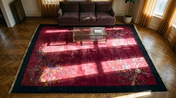 Solid open deep red color field antique chinese art deco rug 2 Solid open deep red color field antique chinese art deco rug (sku 25200) - styled overhead view