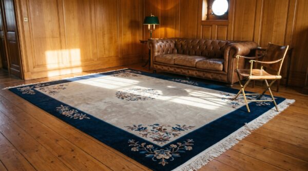 Solid open ivory gray color field antique chinese peking room size rug (sku 22848) - room view