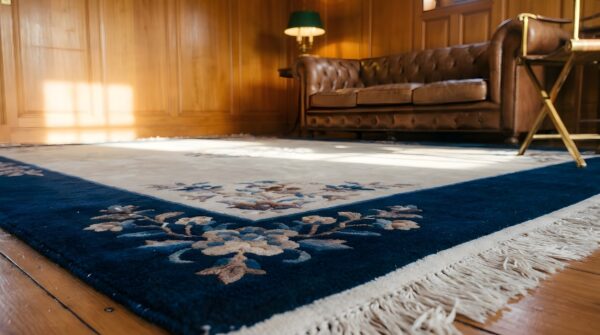 Solid open ivory gray color field antique chinese peking room size rug (sku 22848) - in-room detail