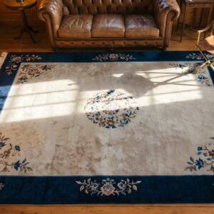 Solid Open Ivory Gray Color Field Antique Chinese Peking Room Size Rug (SKU 22848) - styled overhead view
