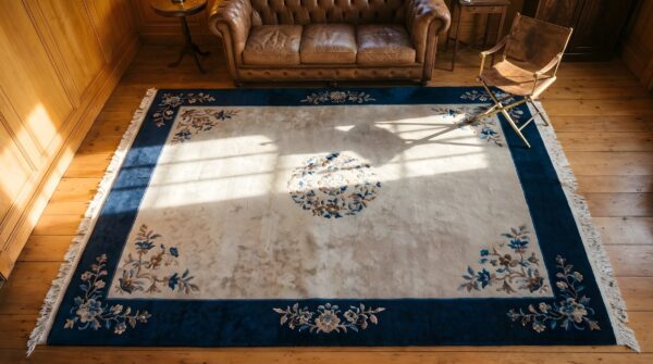 Solid open ivory gray color field antique chinese peking room size rug (sku 22848) - styled overhead view