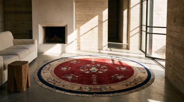 Antique solid red open field round chinese art deco rug (sku 22093) - room view