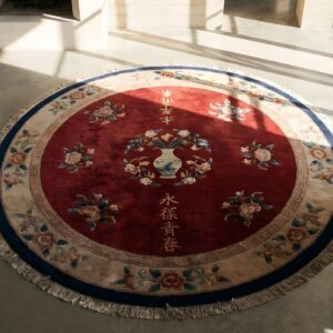 Antique Solid Red Open Field Round Chinese Art Deco Rug (SKU 22093) - styled overhead view