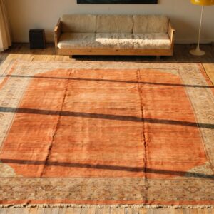Solid Red Open Field Antique Tribal Large Size Persian Sultanabad Rug (SKU 19774) - styled overhead view