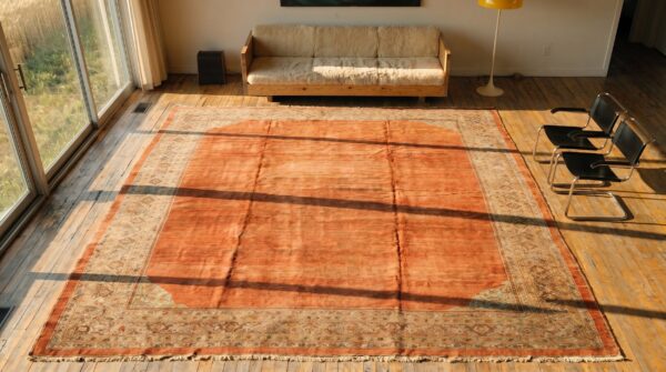 Solid red open field antique tribal large size persian sultanabad rug (sku 19774) - styled overhead view