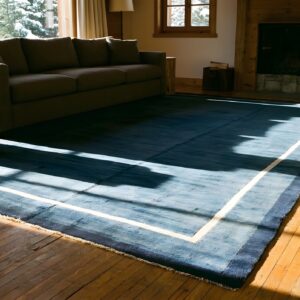 Sophisticated Solid Open Blue Field Antique Peking Modernist Rug from China (SKU 23995) - styled overhead view