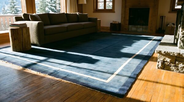 Sophisticated solid open blue field antique peking modernist rug from china (sku 23995) - styled overhead view