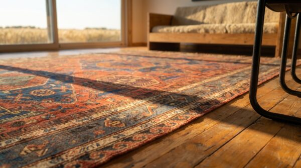 Antique soumak caucasian allover geometric flat weave rug 8 Antique soumak caucasian allover geometric flat weave rug (sku 18688) - in-room detail
