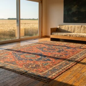 Antique Soumak Caucasian Allover Geometric Flat Weave Rug (SKU 18688) - styled overhead view