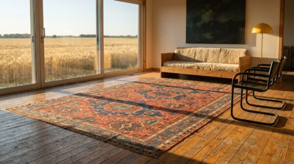Antique soumak caucasian allover geometric flat weave rug 2 Antique soumak caucasian allover geometric flat weave rug (sku 18688) - styled overhead view
