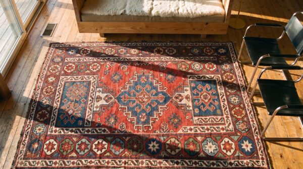 Antique soumak persian 1900s rug (sku 22496) - styled overhead view