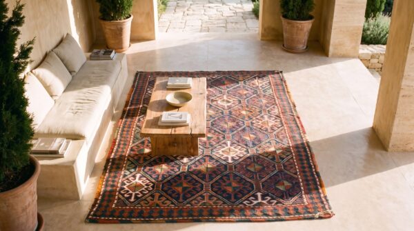 Antique soumak persian geometric rug (sku 25089) - styled overhead view