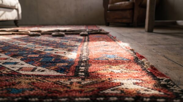 Antique soumak small scatter size wool rug (sku 22454) - in-room detail