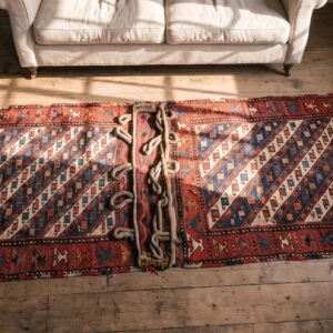 Antique Soumak Small Scatter Size Wool Rug (SKU 22454) - styled overhead view